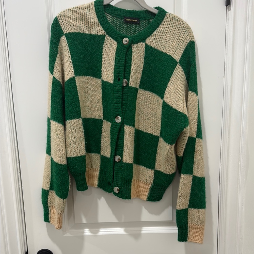 STINE GOYA Green and Cream Checkered Cardigan